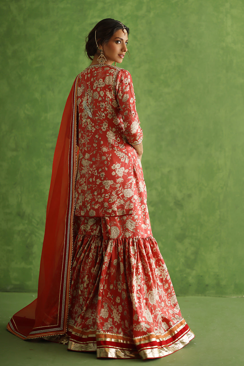 Pakistani Red Zardozi Rod Silk Gharara Set (3-Piece) - Image 2