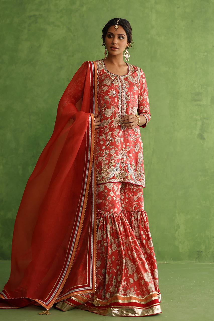 Pakistani Red Zardozi Rod Silk Gharara Set (3-Piece) - Image 5