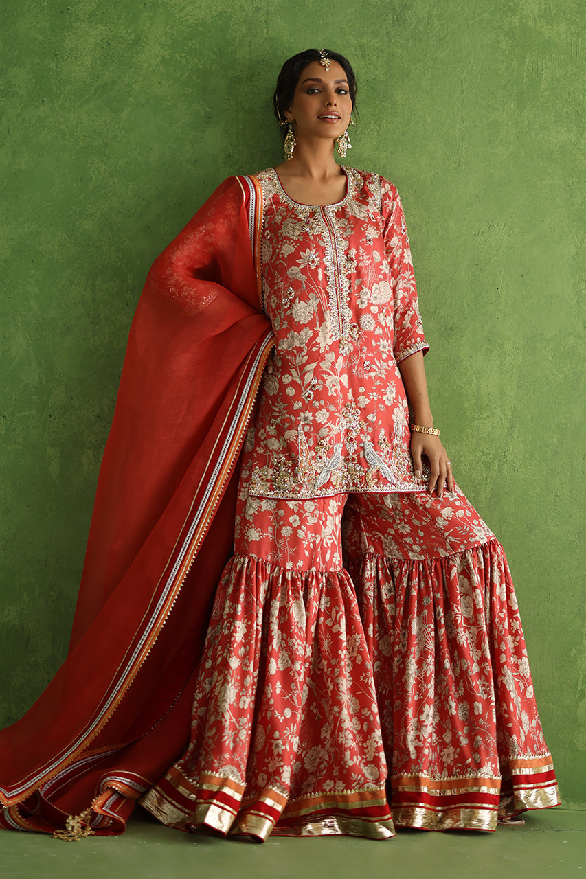 Pakistani Red Zardozi Rod Silk Gharara Set (3-Piece) - Image 6