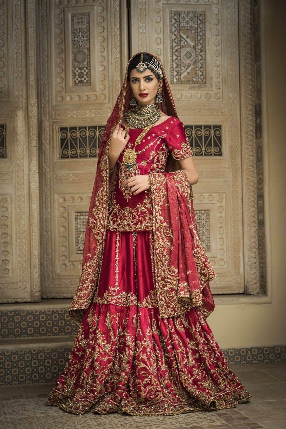 Scarlet Red Zardozi Satin Bridal Gharara (3-Piece) - Image 1