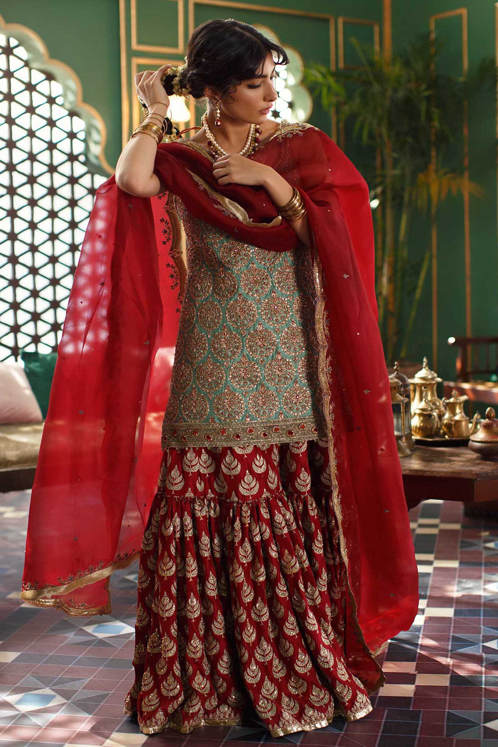 Vermillion Red Gota Embroidered Silk-Blend Gharara (3-Piece) - Image 1