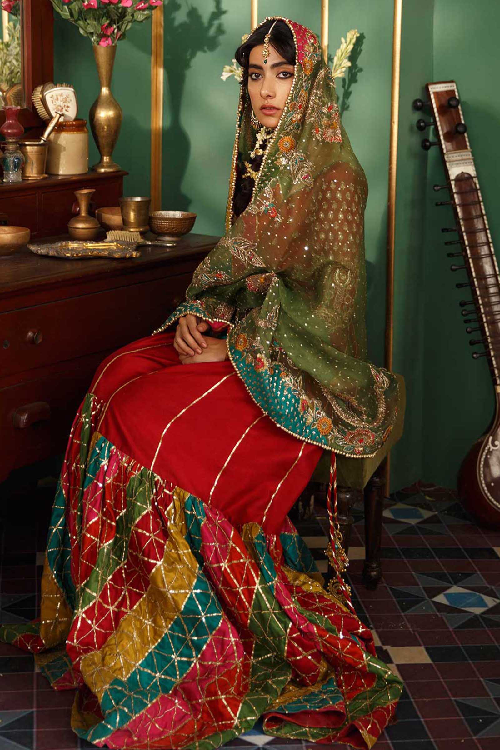 Red Embroidered Silk Choli with Chata Pati Gharara (3-Piece) - Image 1