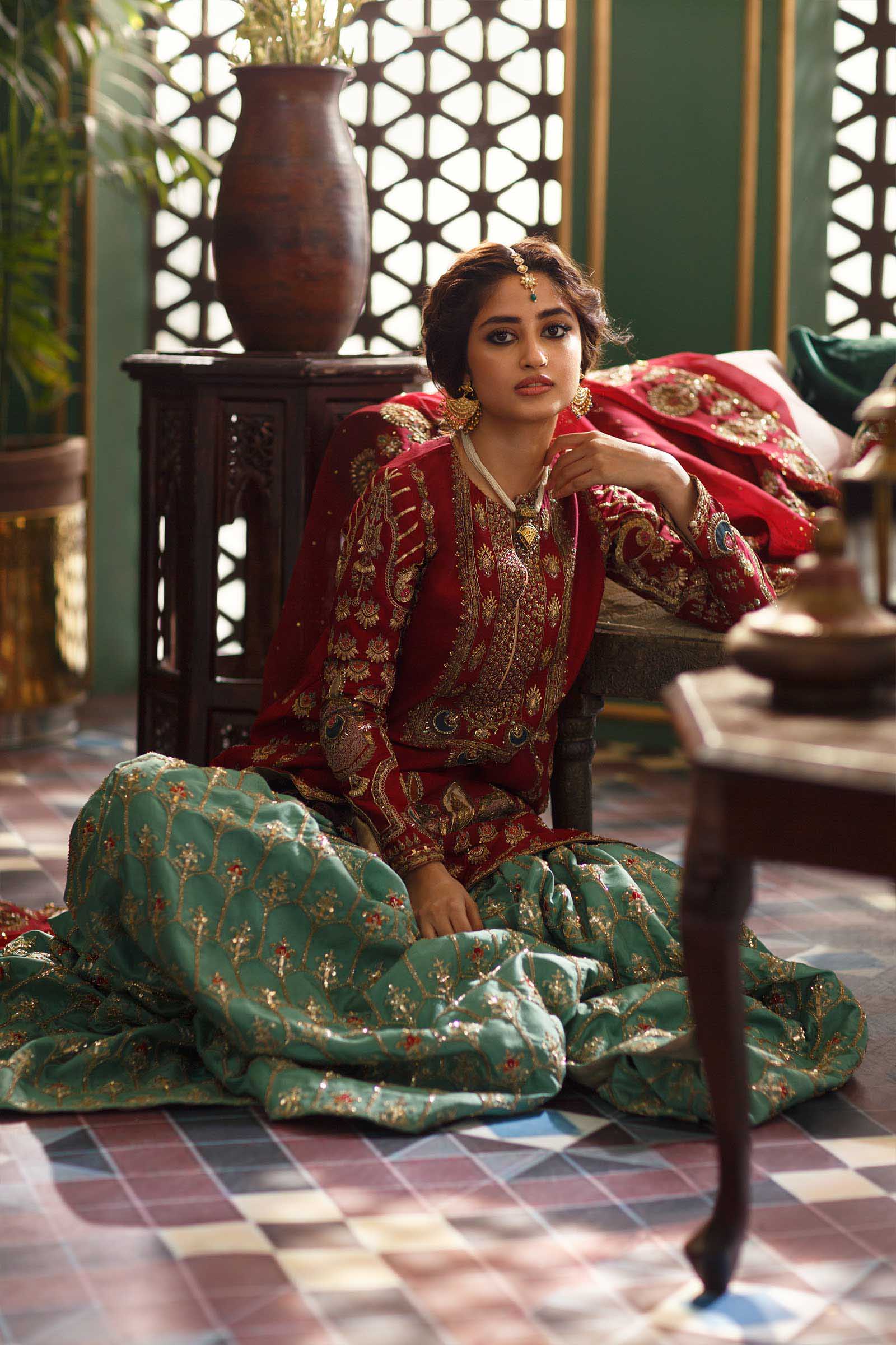 Pakistani Deep Red Mokaish Embroidered Silk Bridal Gharara (3-Piece) - Image 1