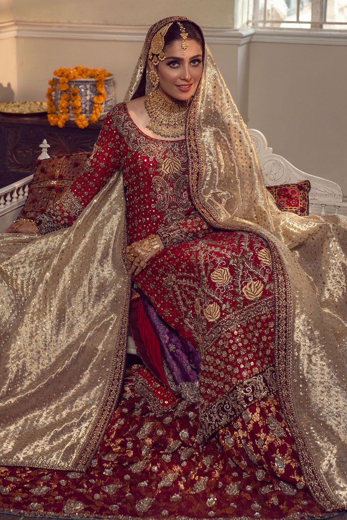 Pakistani Raspberry Pink Embroidered Silk Net Bridal Gharara (3-Piece) - Image 3