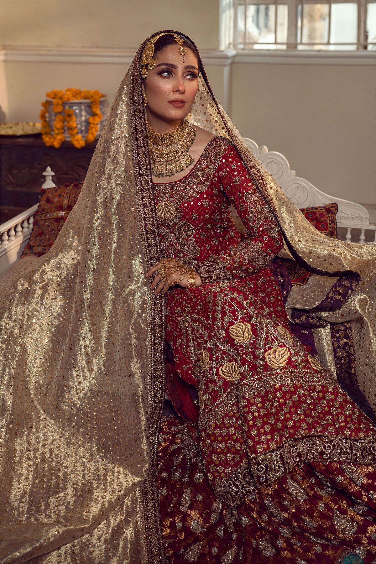 Pakistani Raspberry Pink Embroidered Silk Net Bridal Gharara (3-Piece) - Image 4