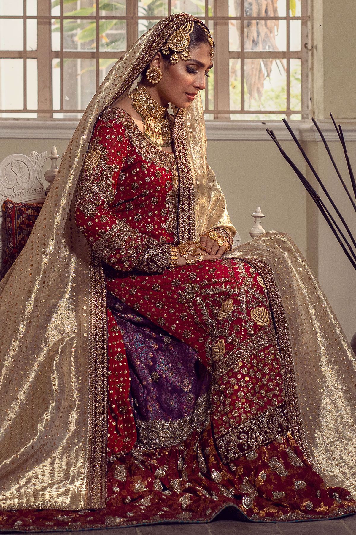 Pakistani Raspberry Pink Embroidered Silk Net Bridal Gharara (3-Piece) - Image 5