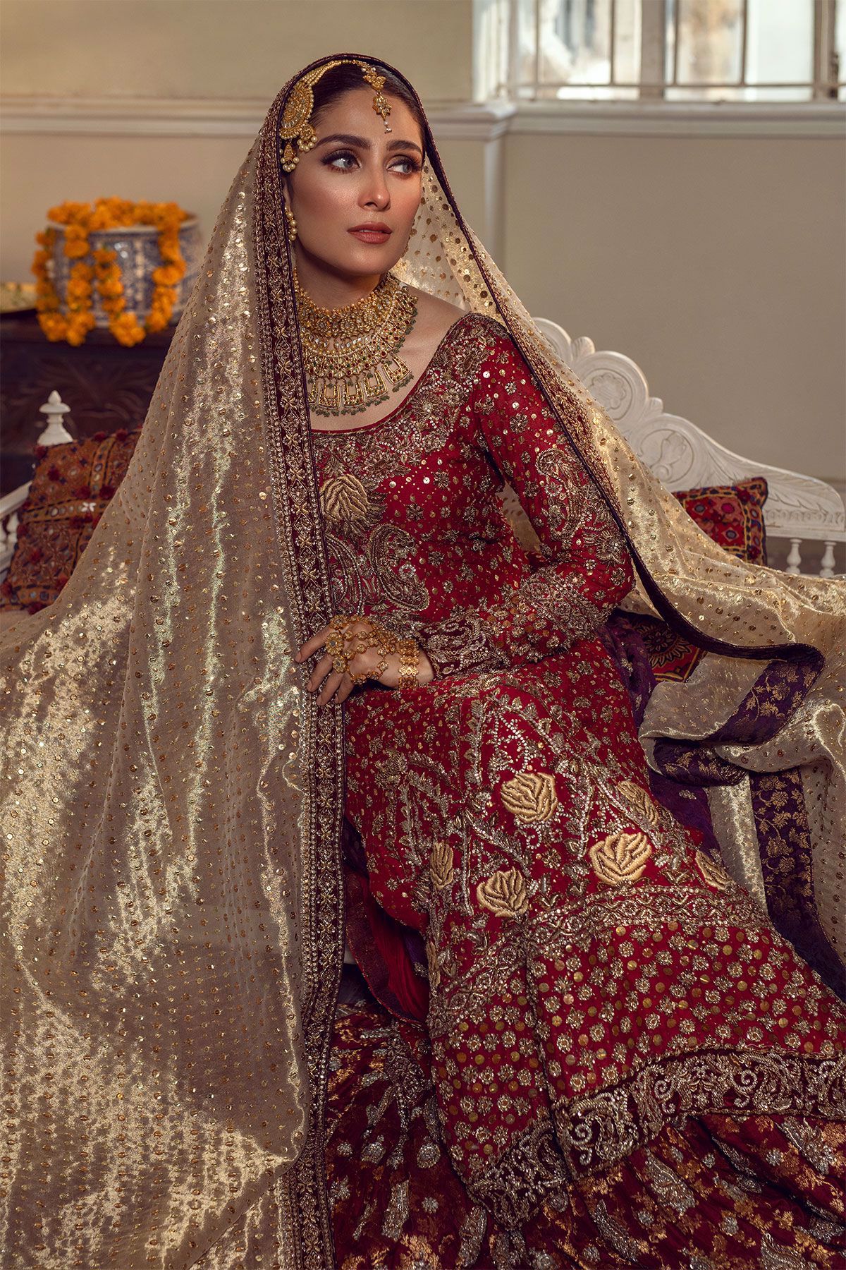 Pakistani Raspberry Pink Embroidered Silk Net Bridal Gharara (3-Piece) - Image 6