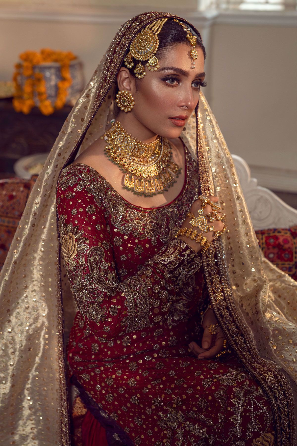 Pakistani Raspberry Pink Embroidered Silk Net Bridal Gharara (3-Piece) - Image 7