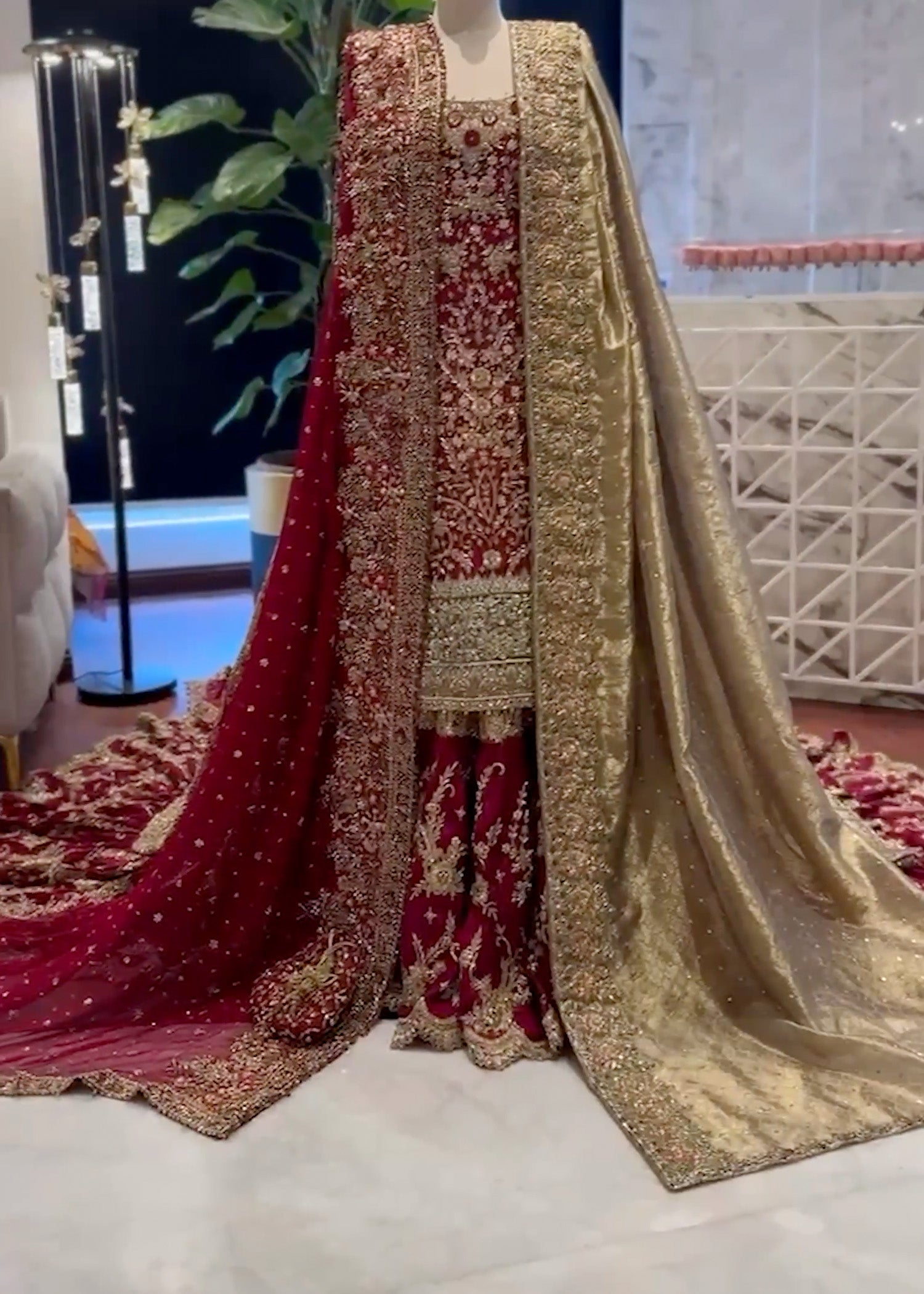 Pakistani Deep Red Embroidered Silk Net Bridal Gharara (3-Piece) - Image 1