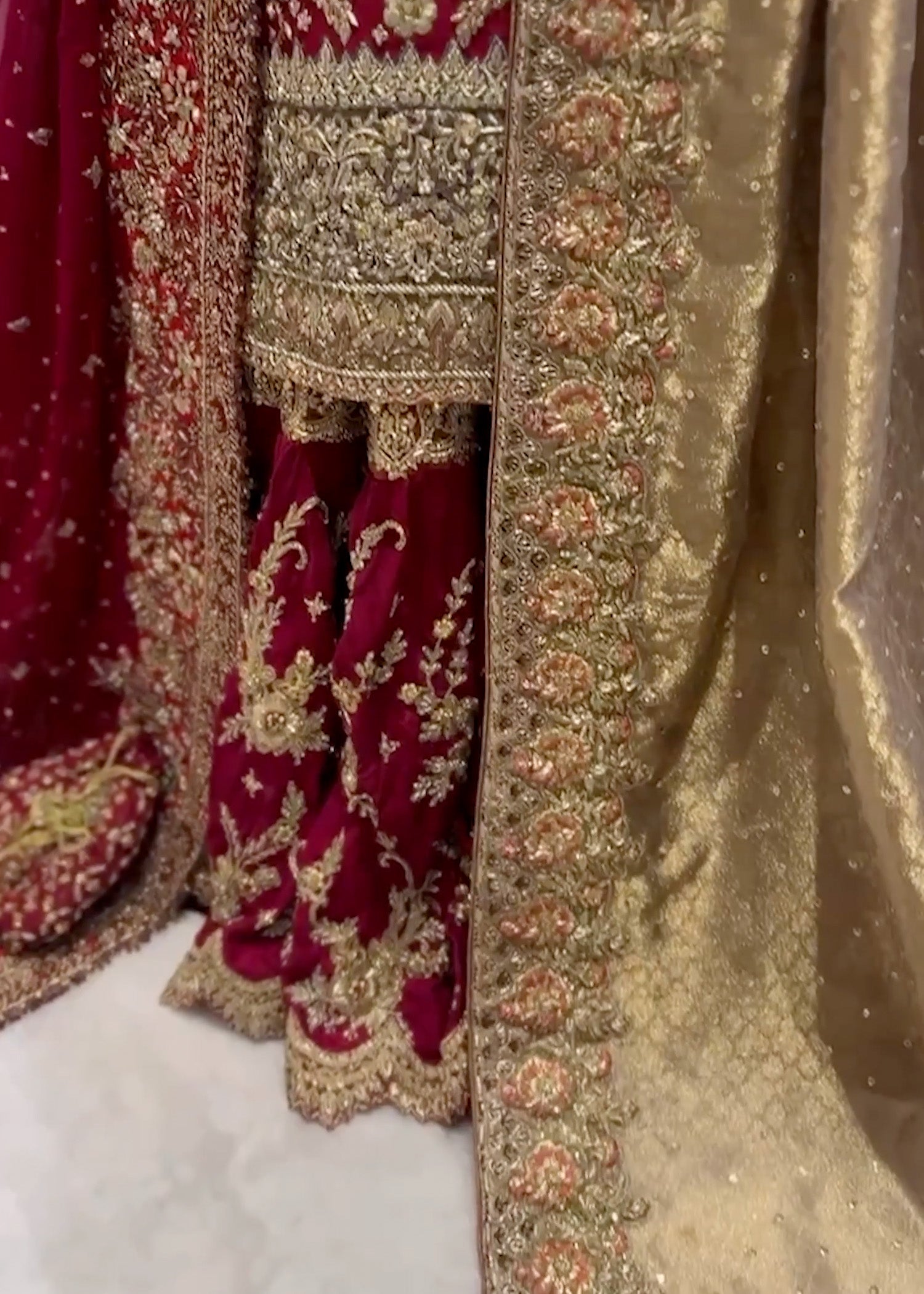 Pakistani Deep Red Embroidered Silk Net Bridal Gharara (3-Piece) - Image 3