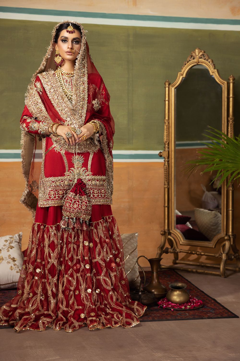 Ruby Red Embroidered Silk Gharara (3-Piece) - Image 1