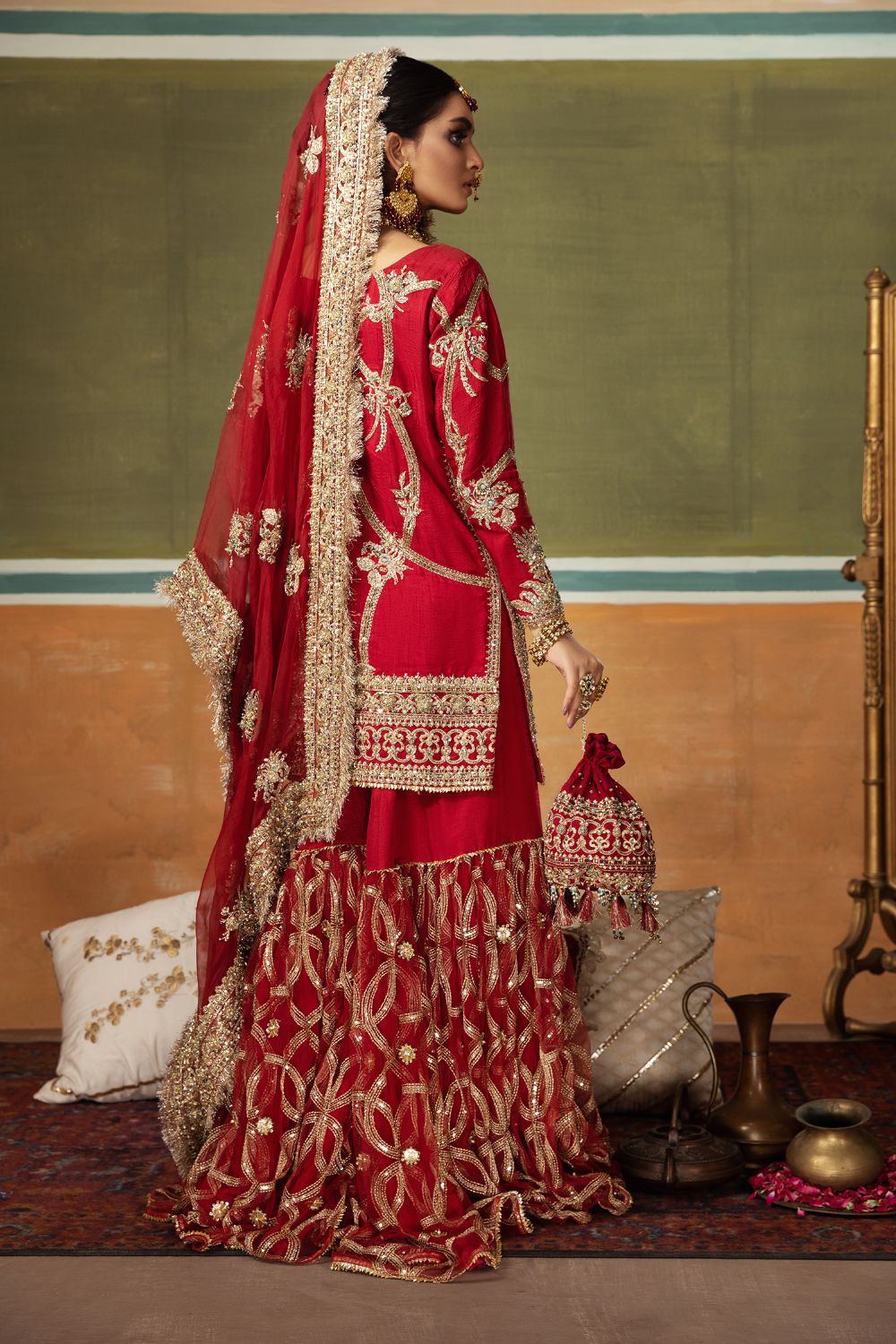 Ruby Red Embroidered Silk Gharara (3-Piece) - Image 2