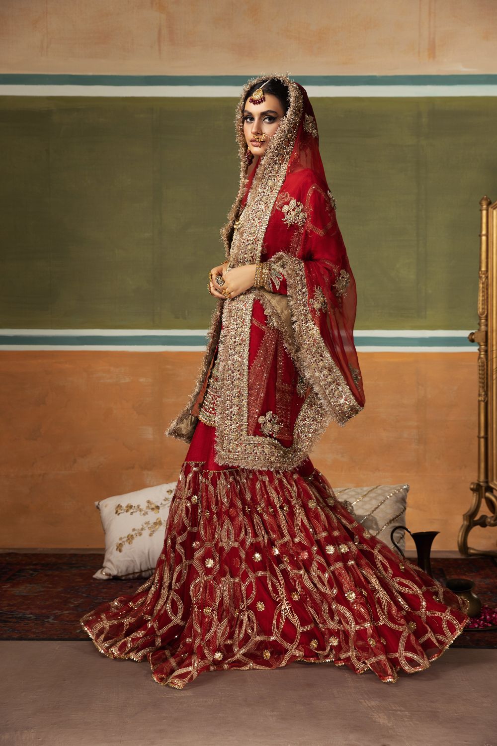 Ruby Red Embroidered Silk Gharara (3-Piece) - Image 5