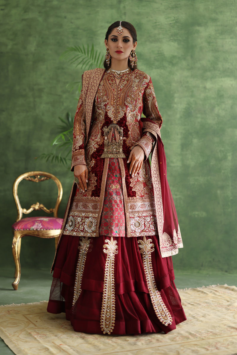 Pakistani Regal Red Embroidered Silk & Net Gharara (3-Piece) - Image 1