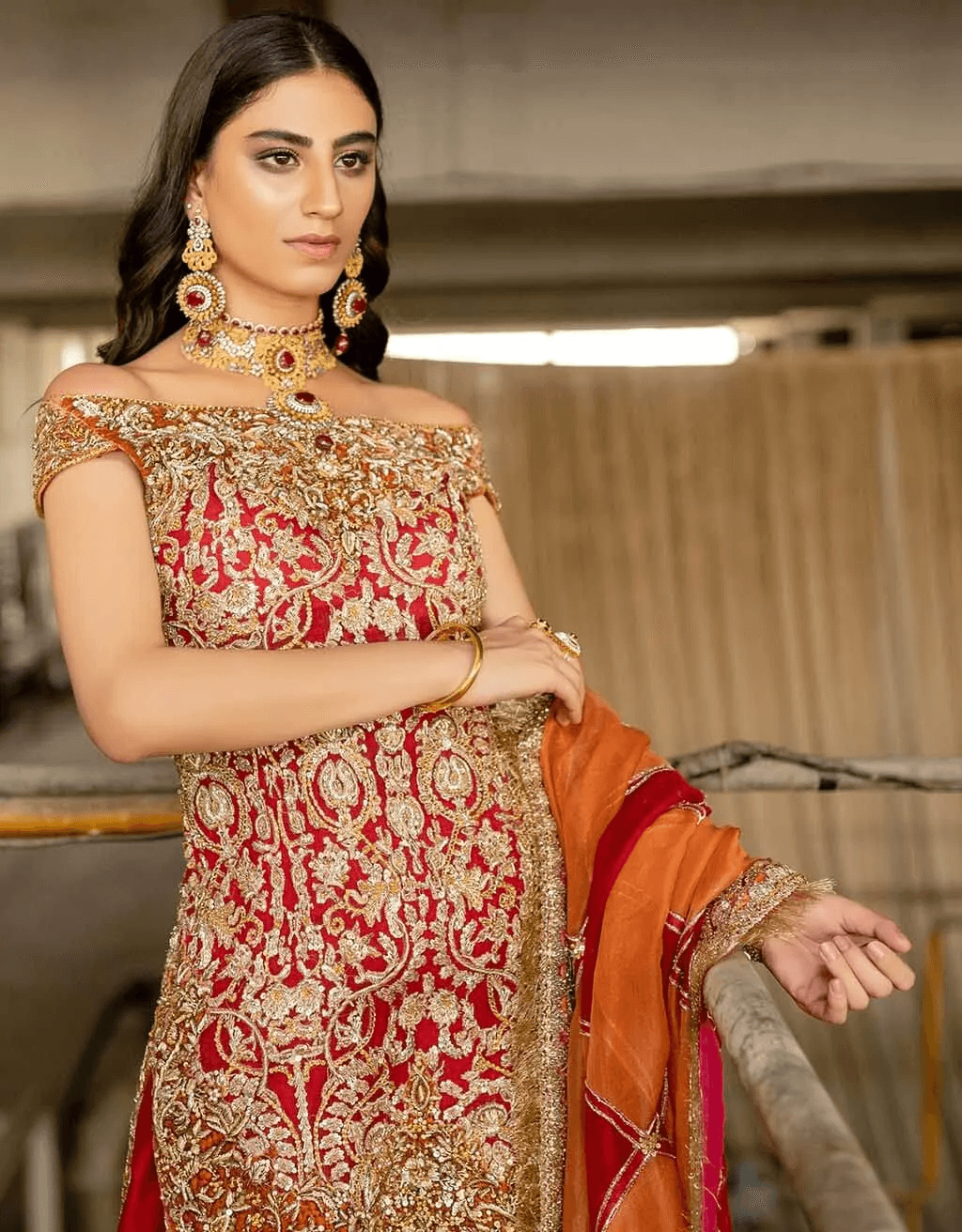 Rich Red Embroidered Silk Gharara Set (3-Piece) - Image 2