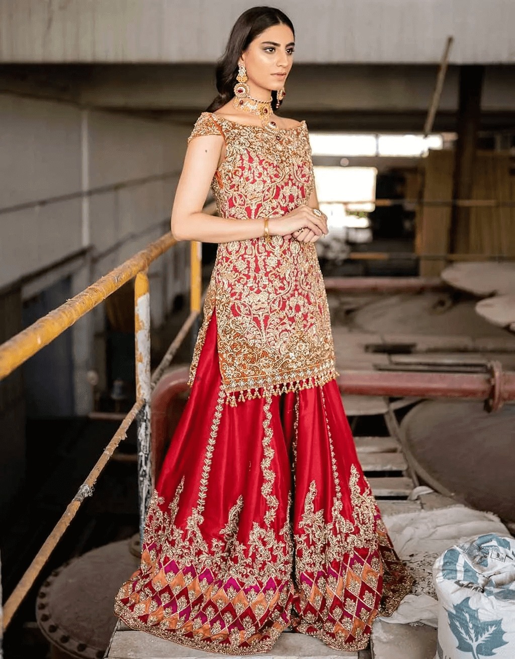 Rich Red Embroidered Silk Gharara Set (3-Piece) - Image 3