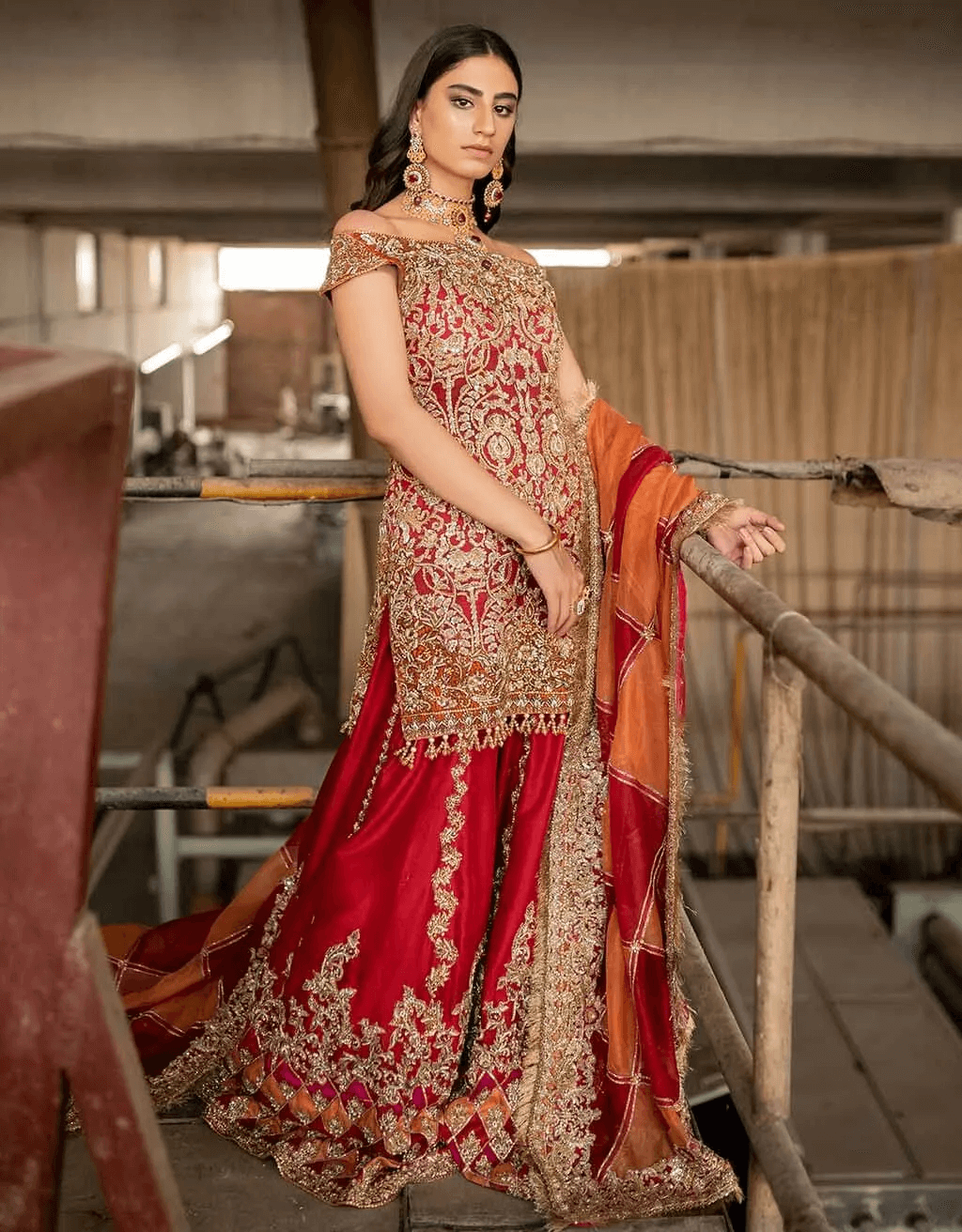 Rich Red Embroidered Silk Gharara Set (3-Piece) - Image 4