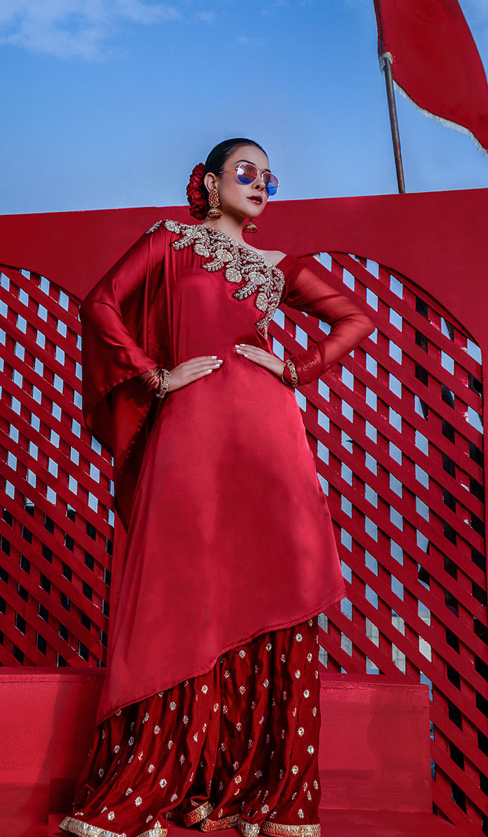 Deep Red Embroidered Silk Kurta with Gharara (2-Piece) - Image 1