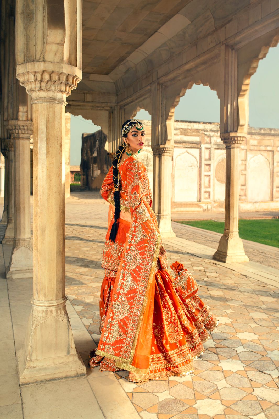 Pakistani Scarlet-Orange Zardozi Silk Bridal Gharara (3-Piece) - Image 1