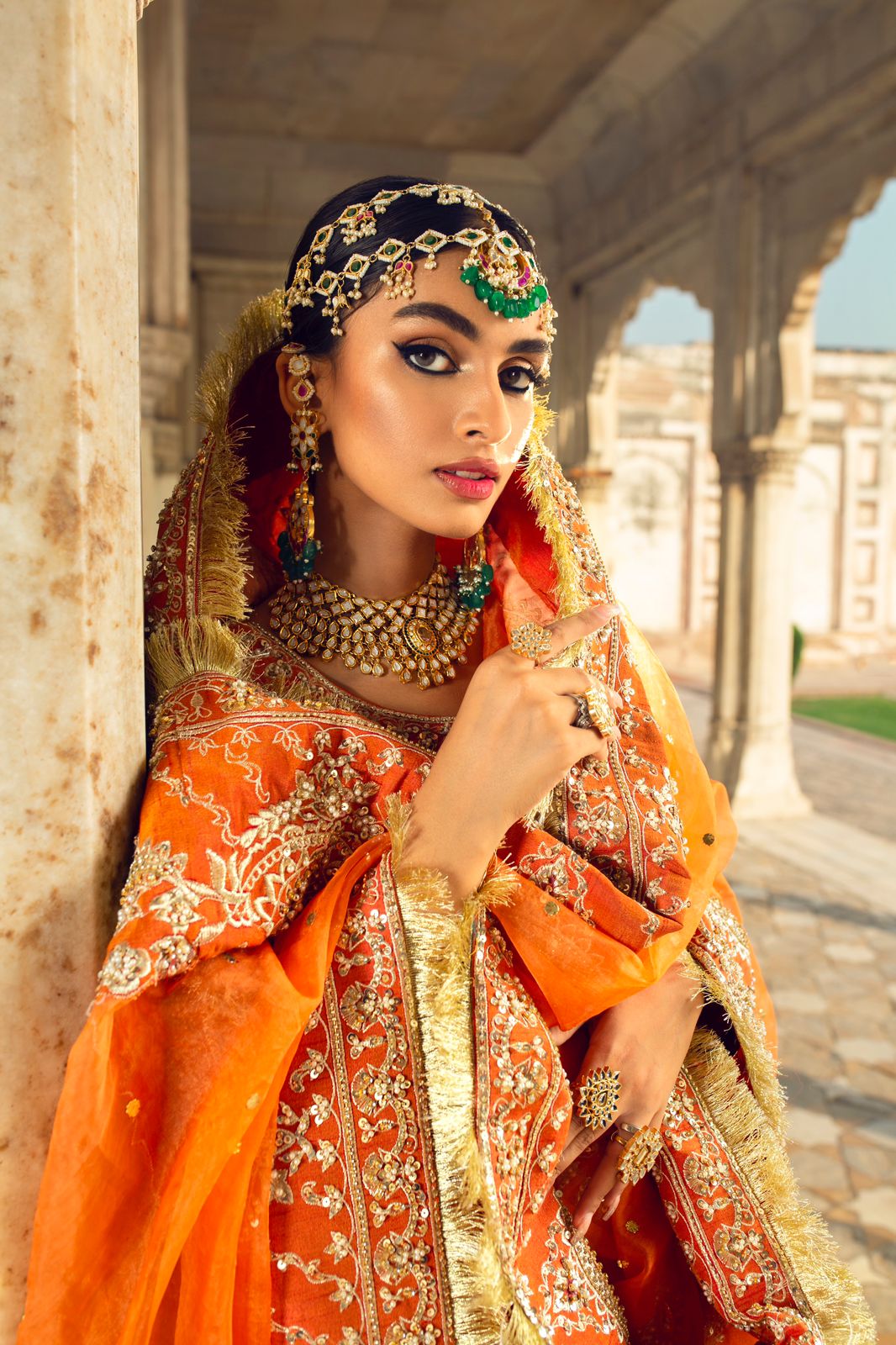 Pakistani Scarlet-Orange Zardozi Silk Bridal Gharara (3-Piece) - Image 2
