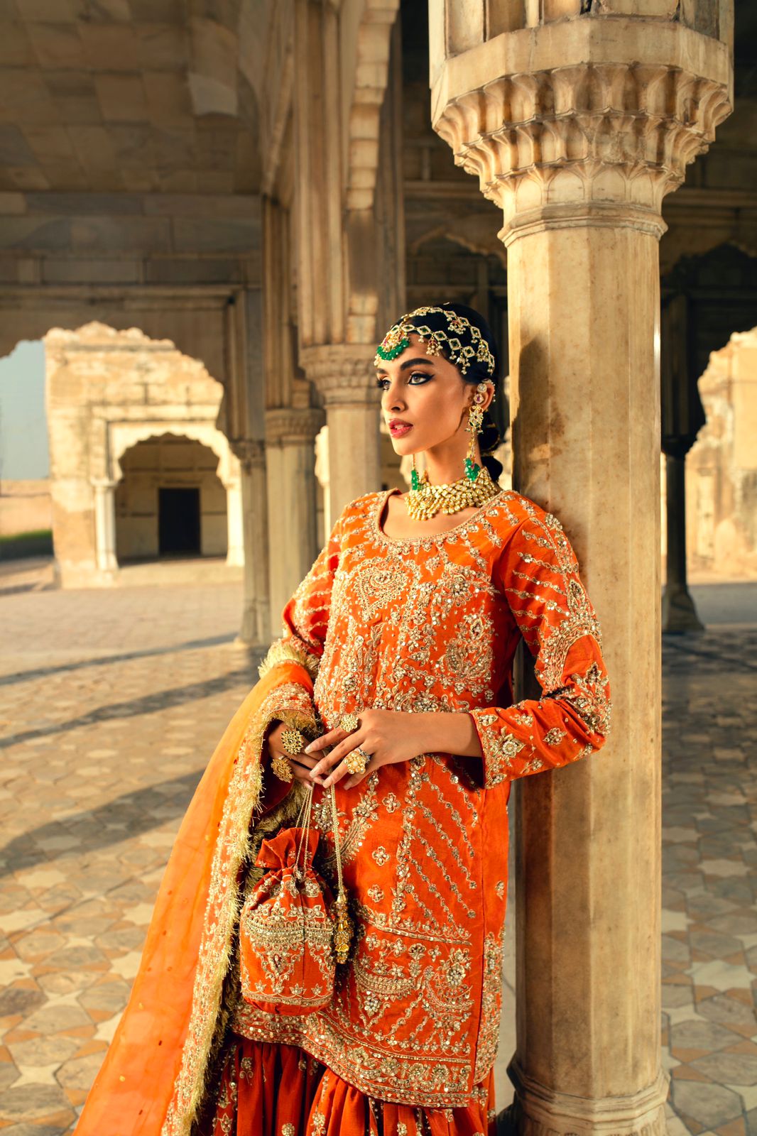 Pakistani Scarlet-Orange Zardozi Silk Bridal Gharara (3-Piece) - Image 3