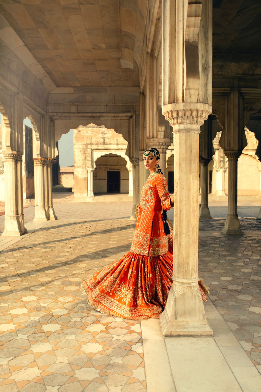 Pakistani Scarlet-Orange Zardozi Silk Bridal Gharara (3-Piece) - Image 4