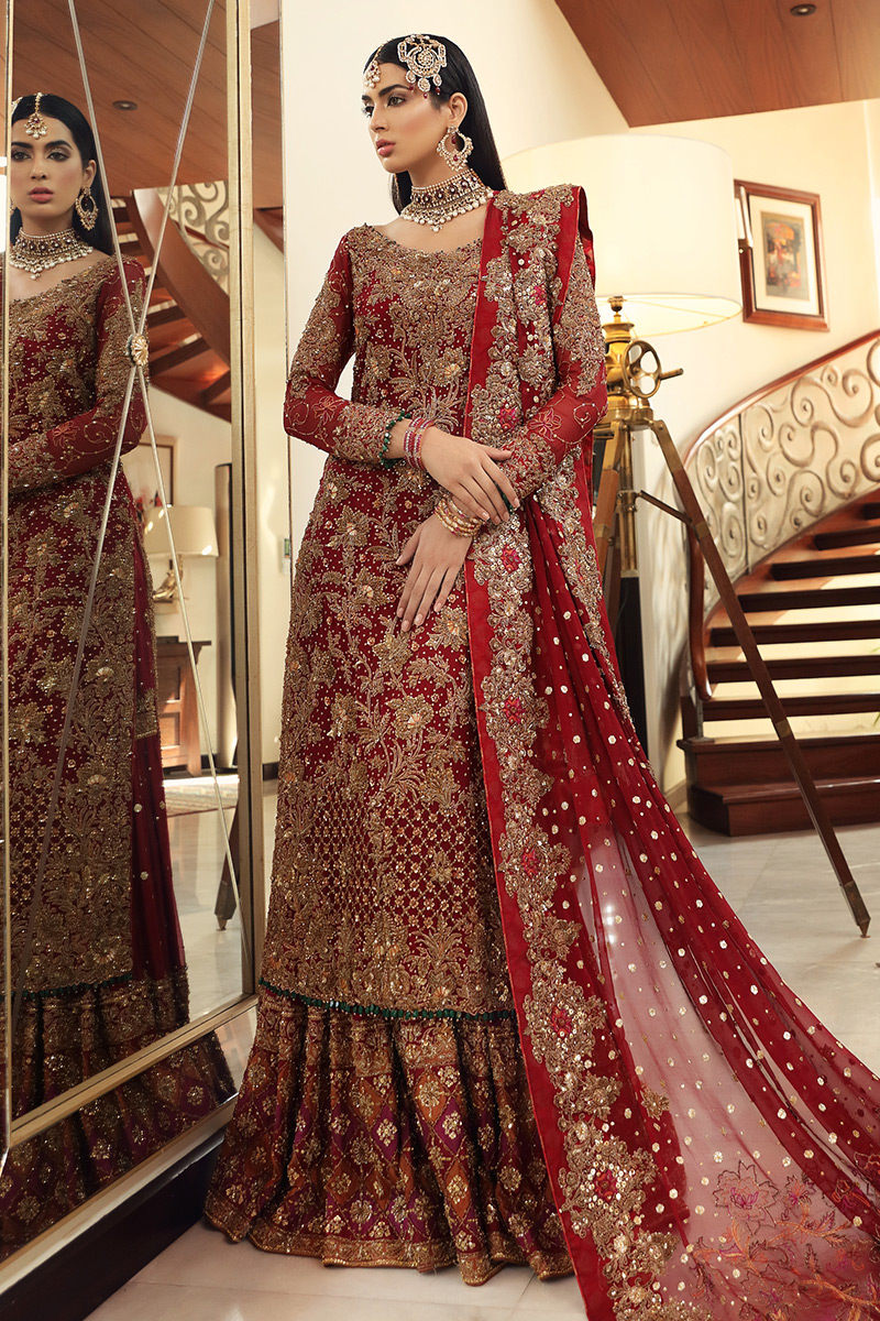 Cherry Red Embellished Silk Bridal Gharara (3-Piece) - Image 1