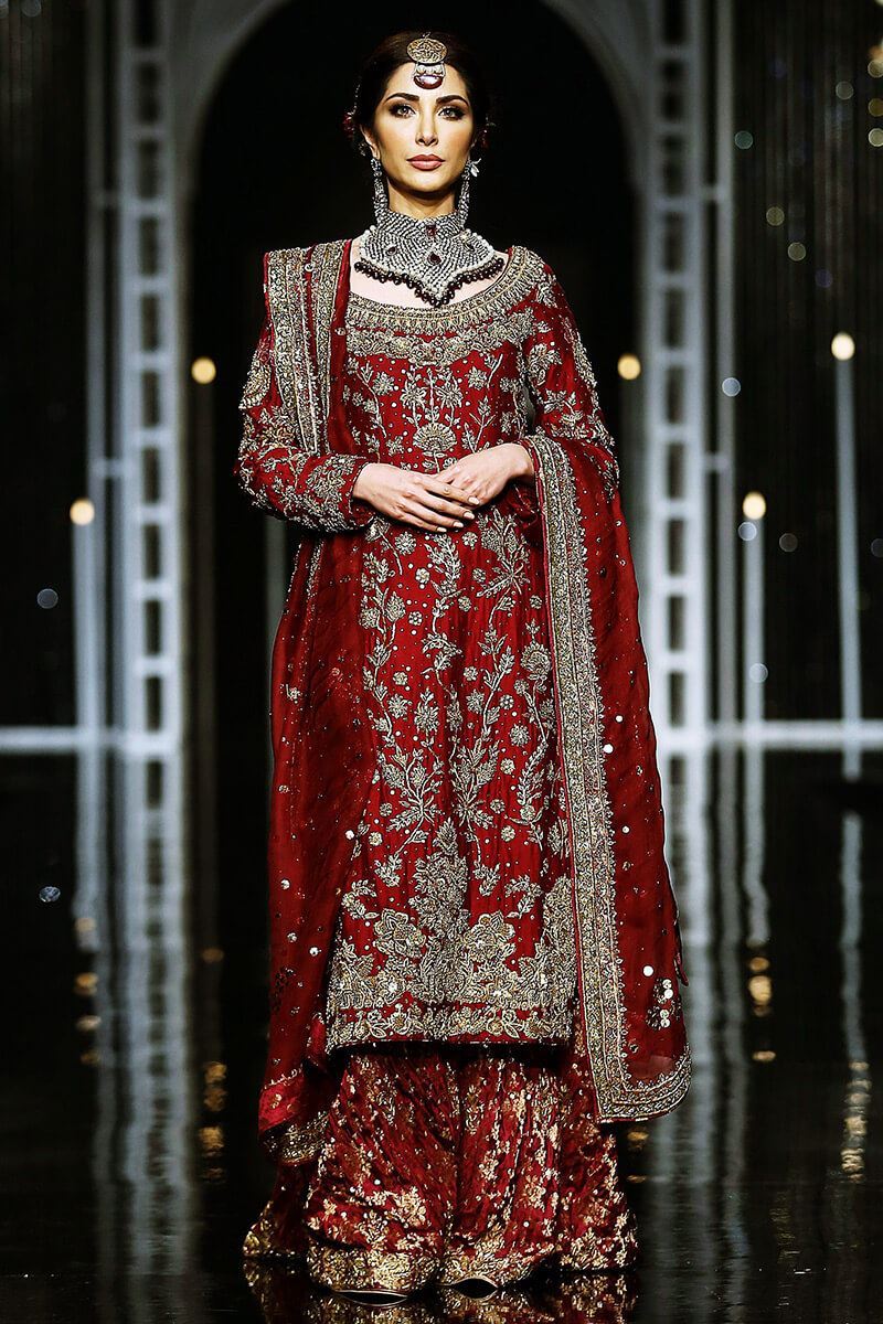 Pakistani Deep Red Zardozi Silk Bridal Gharara (3-Piece) - Image 1
