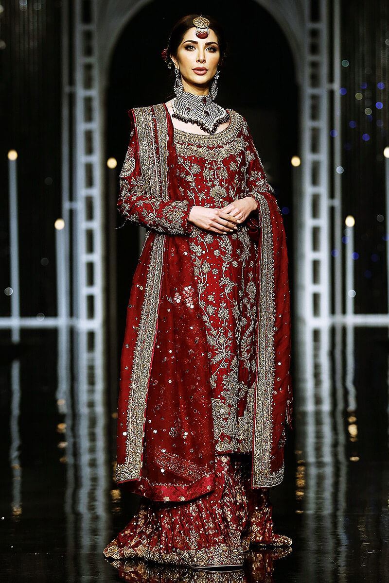 Pakistani Deep Red Zardozi Silk Bridal Gharara (3-Piece) - Image 3