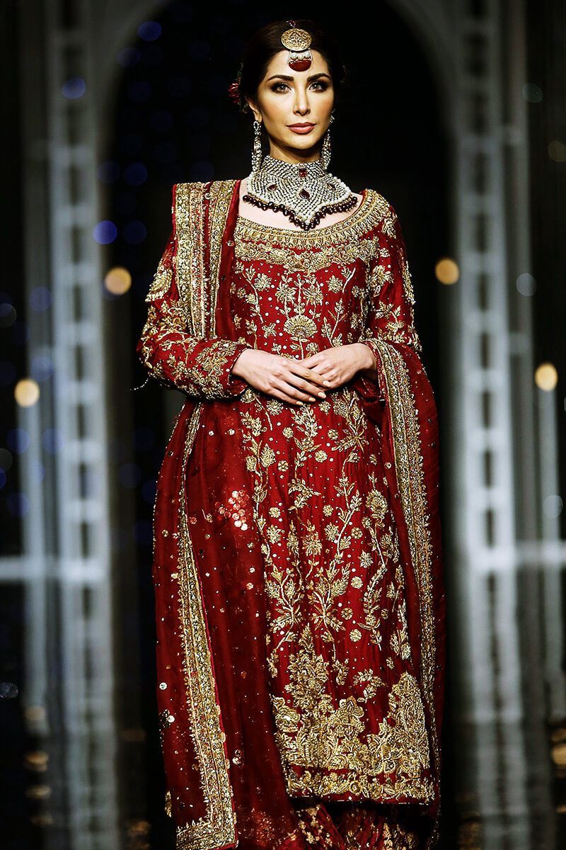 Pakistani Deep Red Zardozi Silk Bridal Gharara (3-Piece) - Image 4
