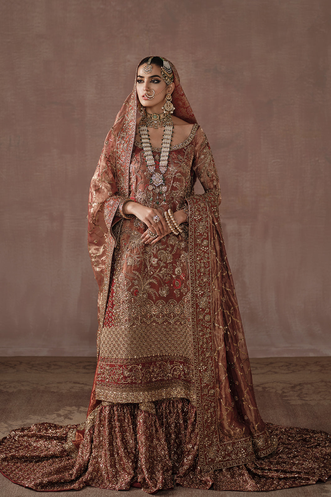 Indian Deep Red Zardozi Silk Farshi Gharara (3-Piece) - Image 1