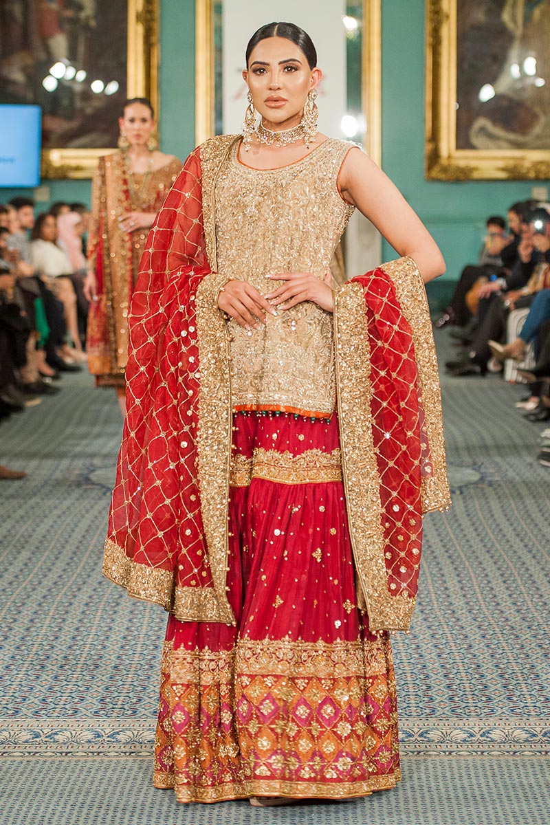 Red and Gold Embroidered Tissue Gharara (3-Piece) - Image 1