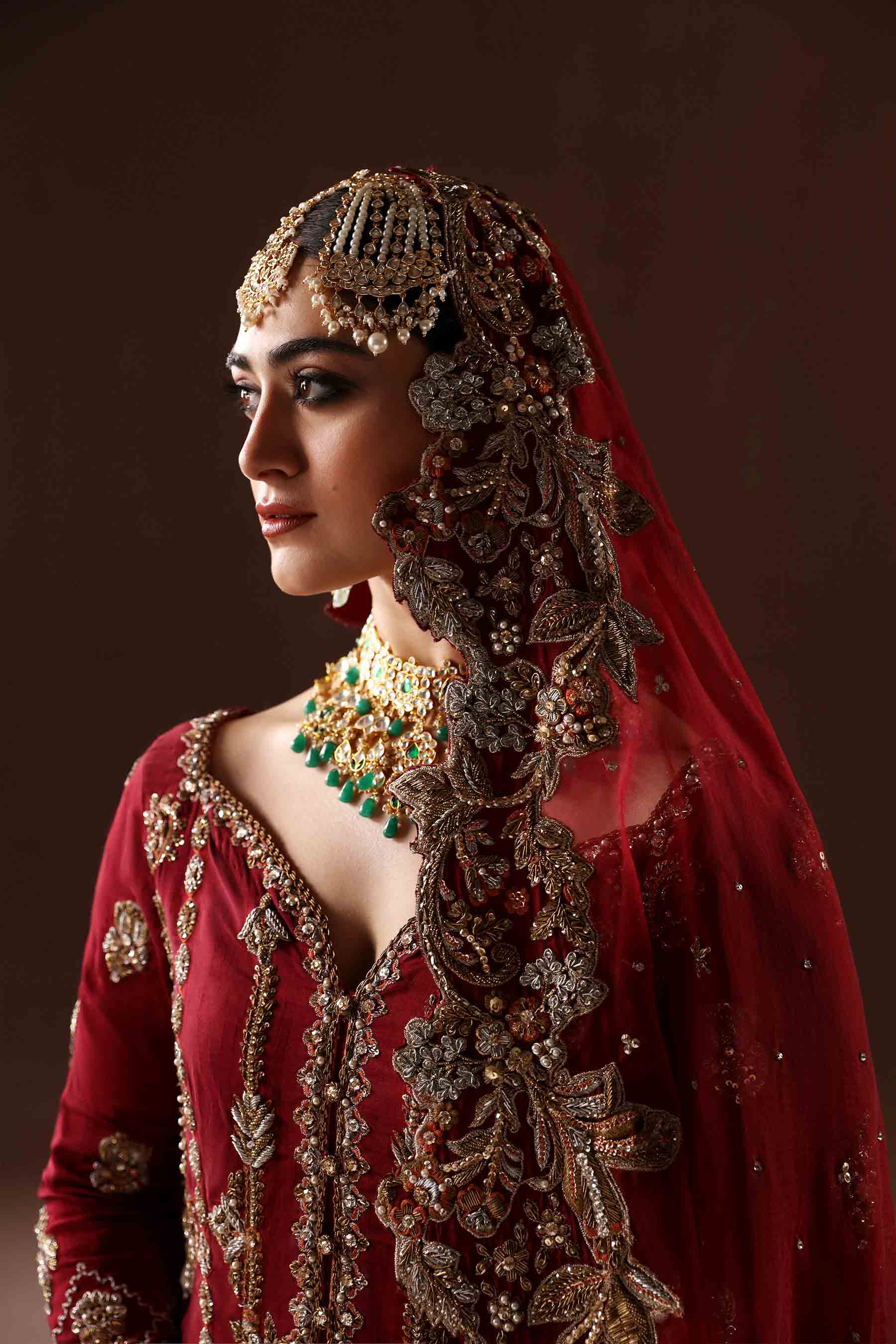 Deep Red Zardozi Resham Velvet Bridal Gharara (3-Piece) - Image 3