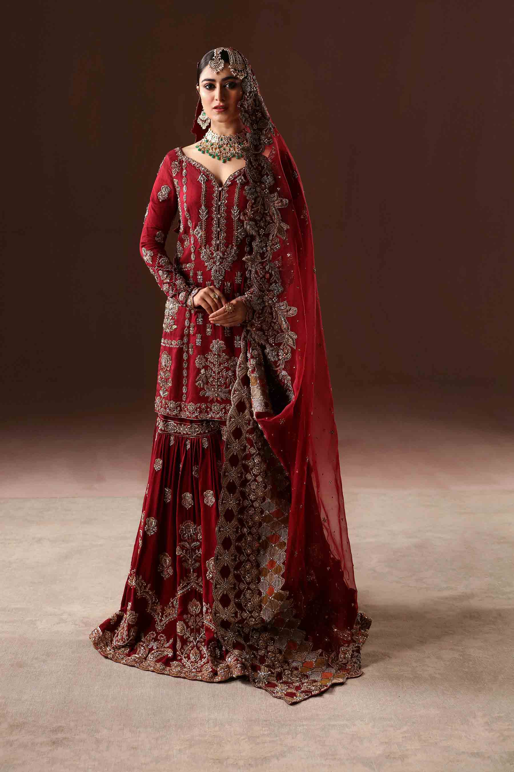 Deep Red Zardozi Resham Velvet Bridal Gharara (3-Piece) - Image 4