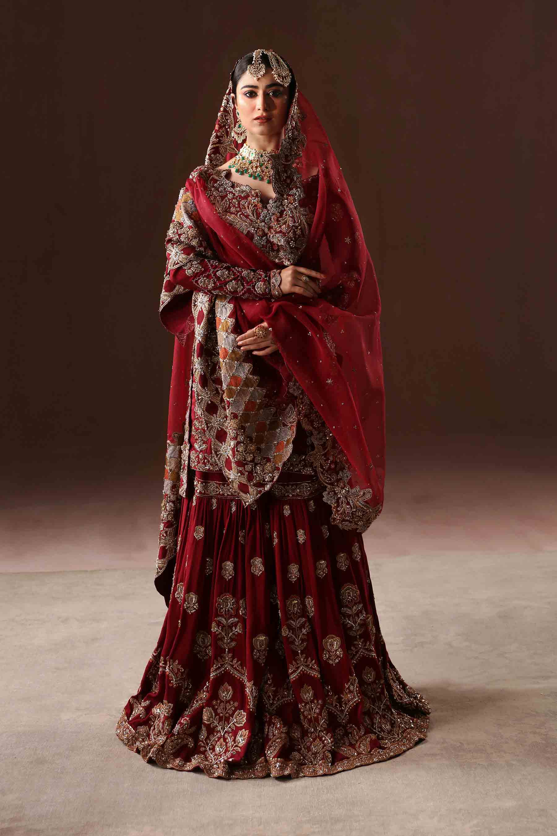 Pakistani Deep Red Zardozi Resham Velvet Silk Bridal Gharara (3-Piece) - Image 1