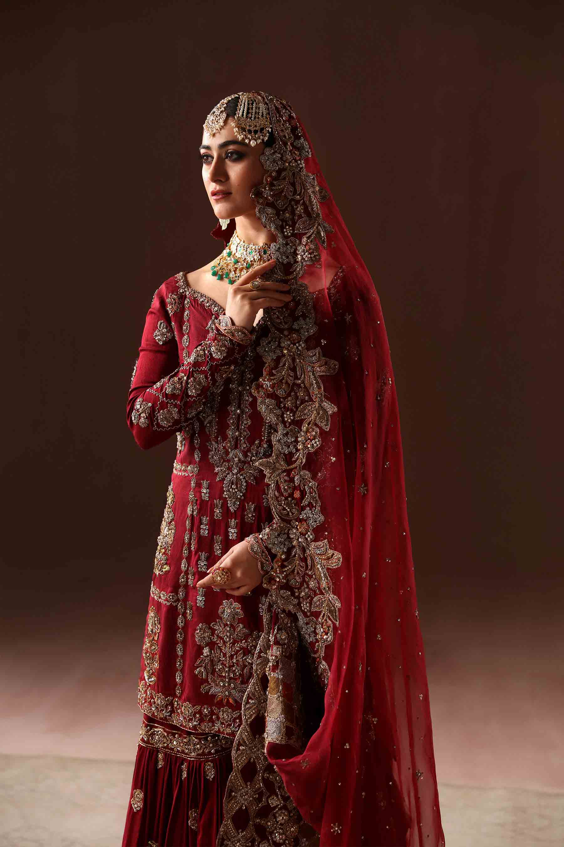 Pakistani Deep Red Zardozi Resham Velvet Silk Bridal Gharara (3-Piece) - Image 2