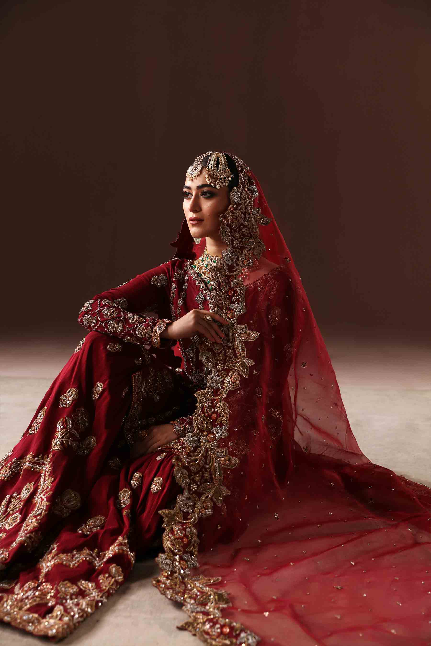 Pakistani Deep Red Zardozi Resham Velvet Silk Bridal Gharara (3-Piece) - Image 5