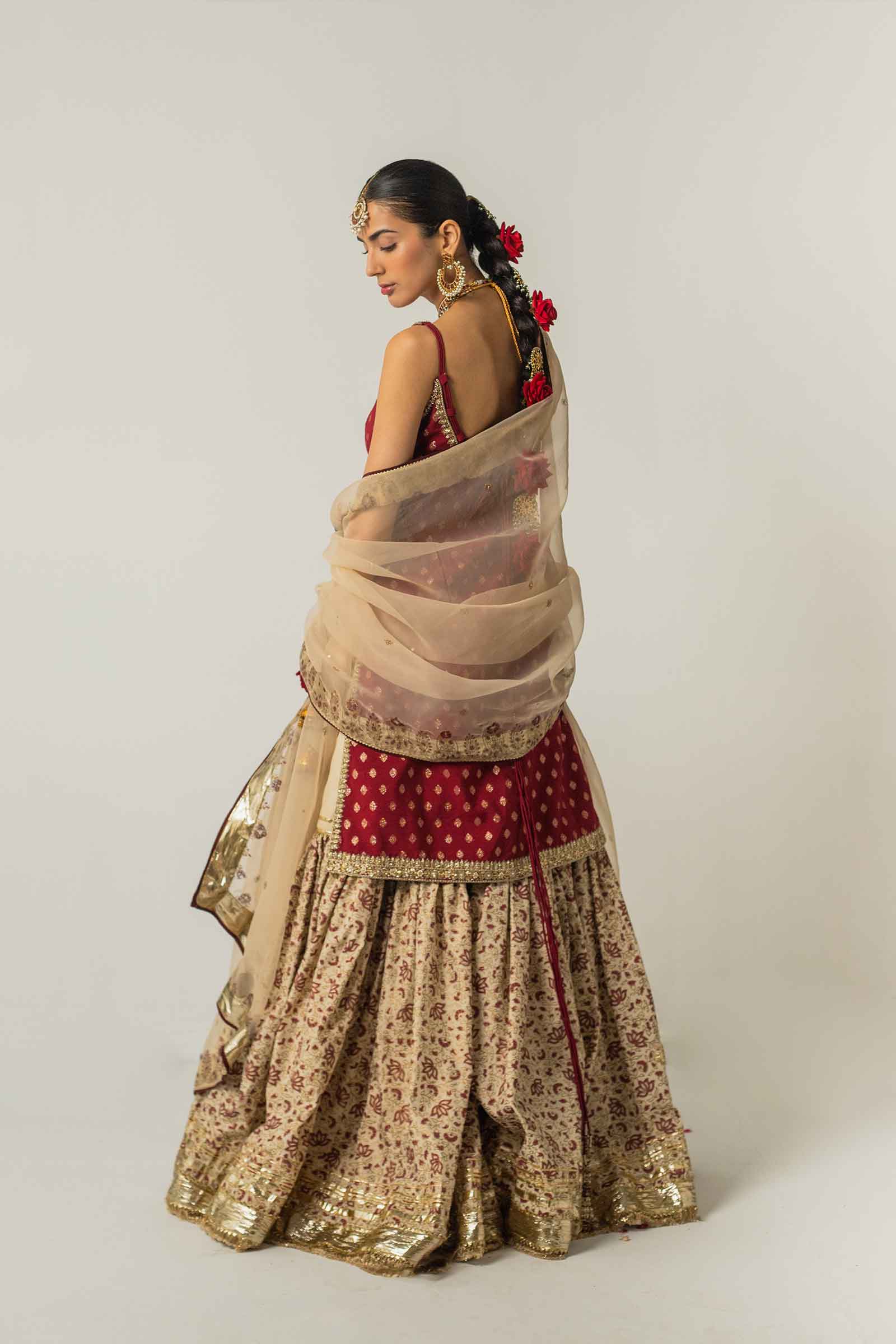 Deep Red Zardozi Zari Jacquard Gharara (3-Piece) - Image 10