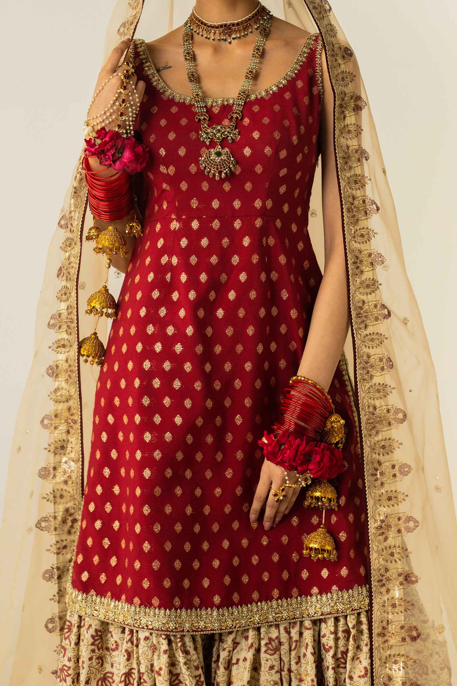 Deep Red Zardozi Zari Jacquard Gharara (3-Piece) - Image 2