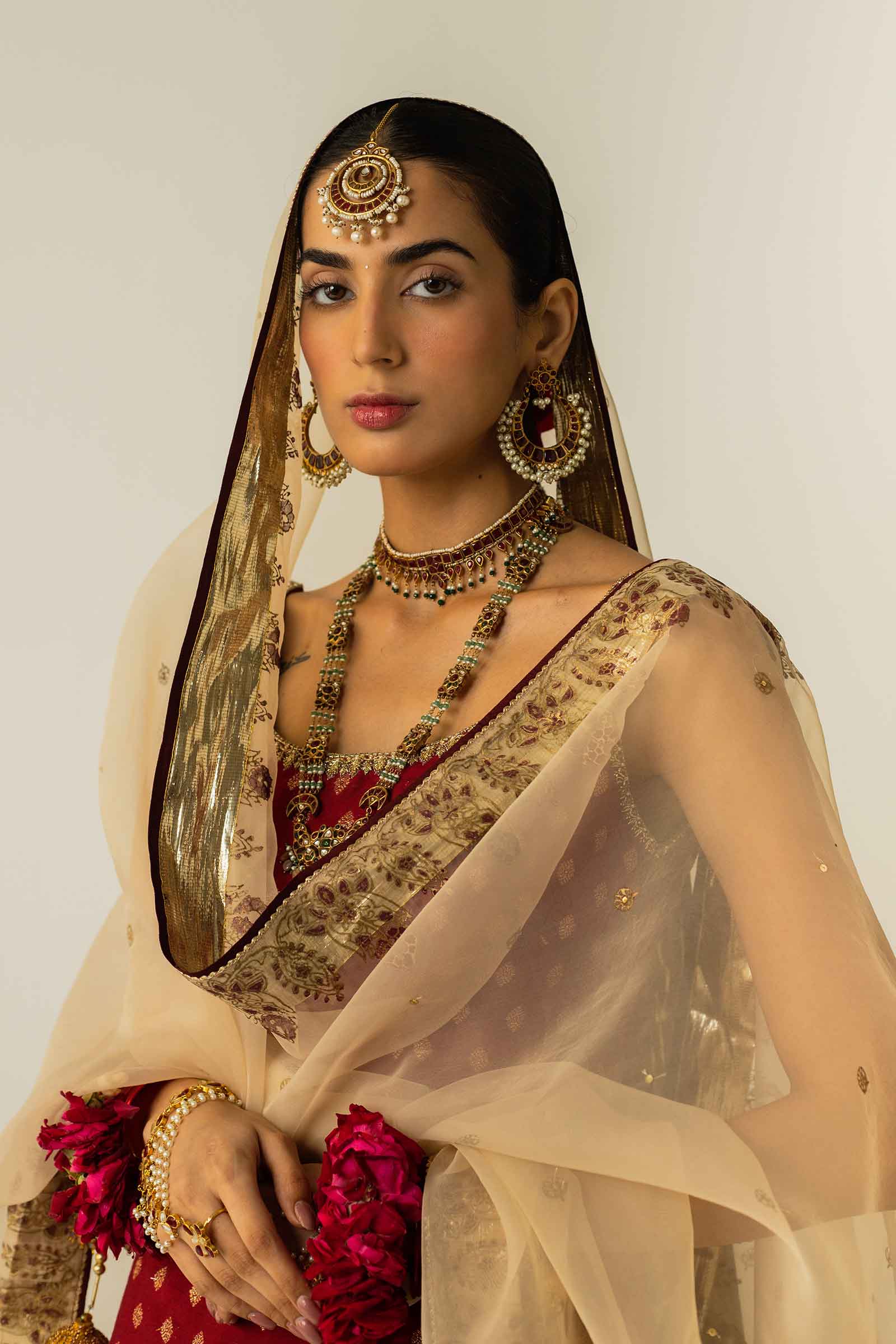 Deep Red Zardozi Zari Jacquard Gharara (3-Piece) - Image 3