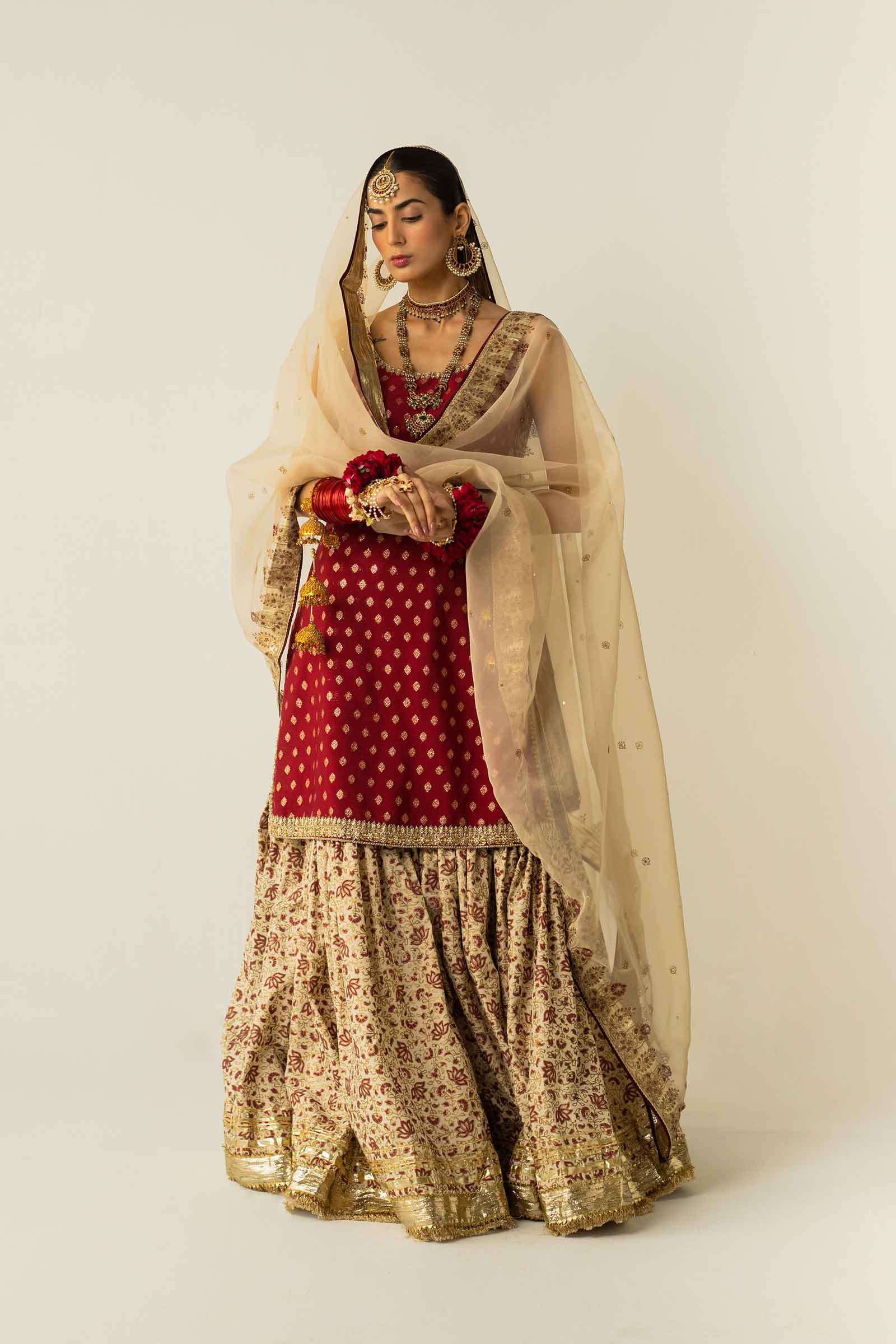Deep Red Zardozi Zari Jacquard Gharara (3-Piece) - Image 4
