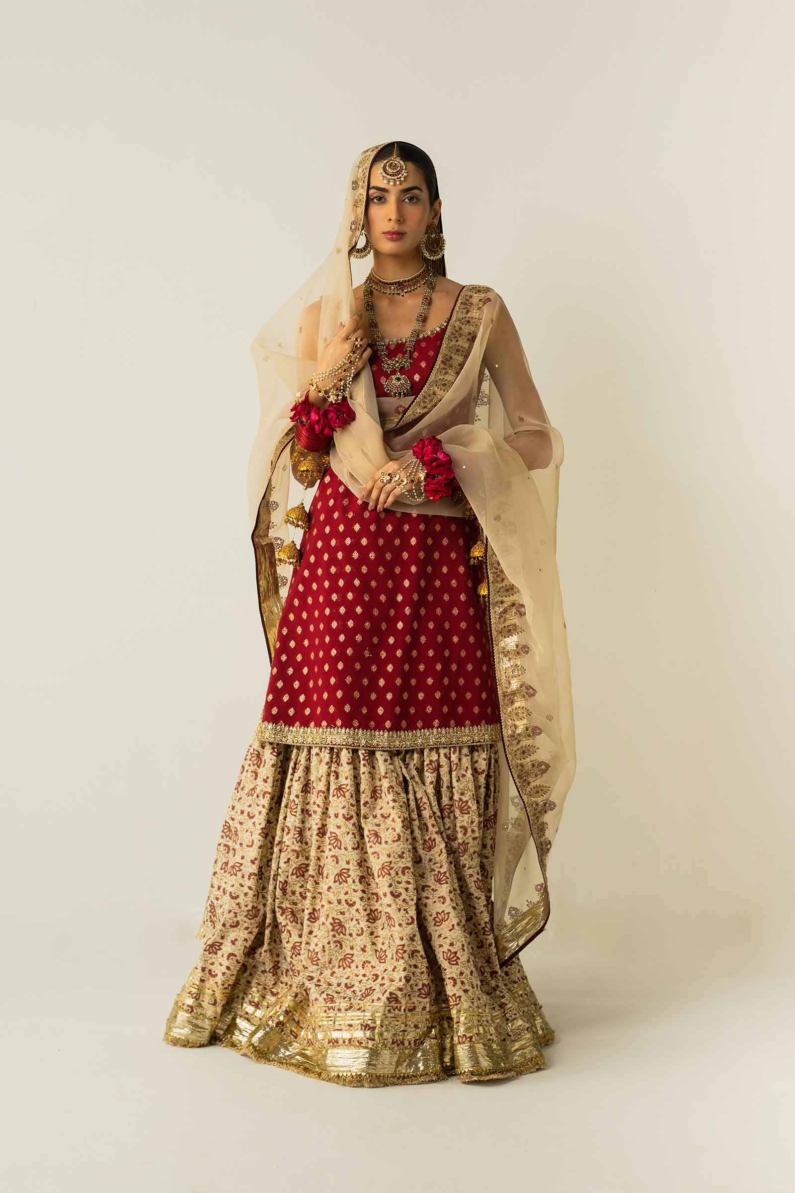 Deep Red Zardozi Zari Jacquard Gharara (3-Piece) - Image 6