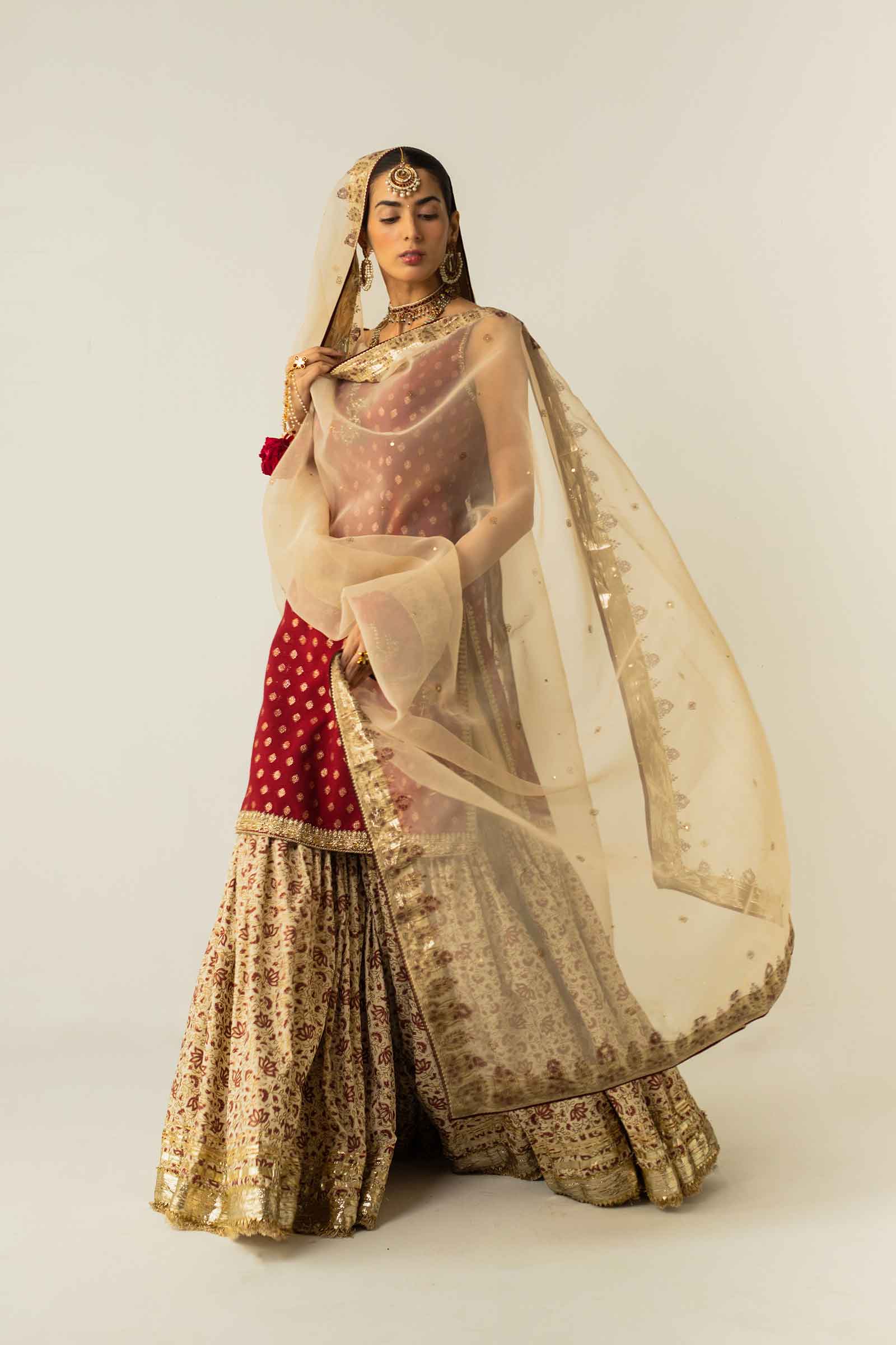 Deep Red Zardozi Zari Jacquard Gharara (3-Piece) - Image 8