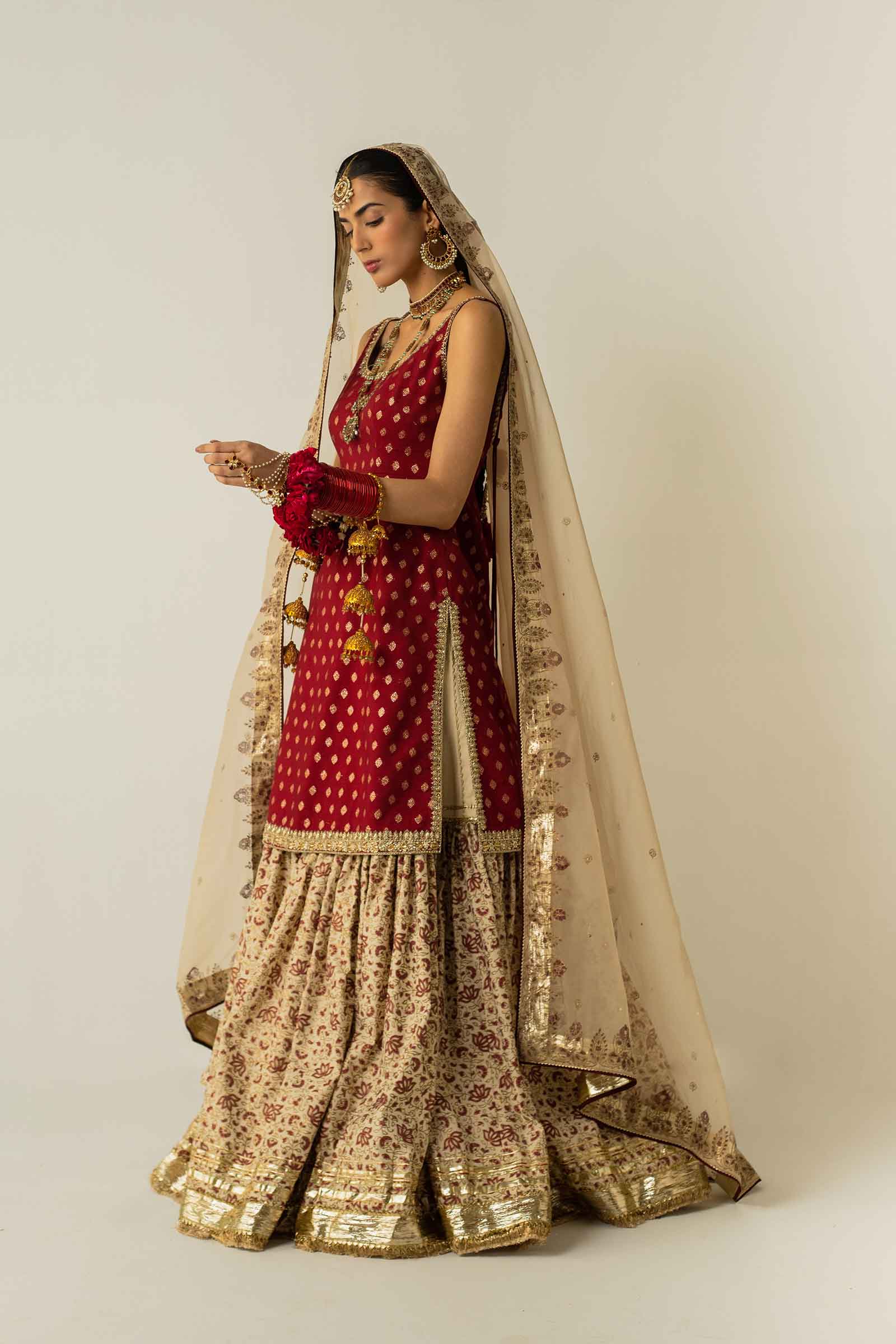 Deep Red Zardozi Zari Jacquard Gharara (3-Piece) - Image 9
