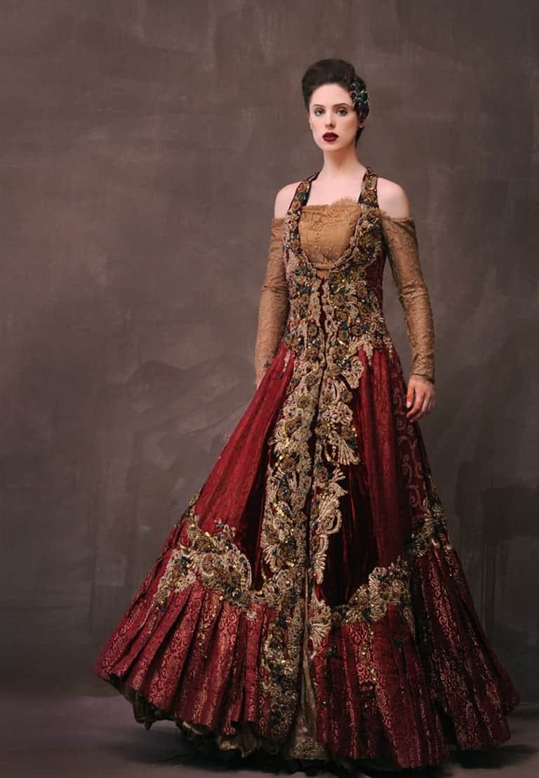 Pakistani Deep Carnelian Red Embroidered Brocade Bridal Gown (1-Pc) - Image 1