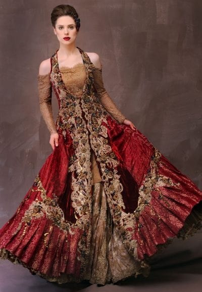 Pakistani Deep Carnelian Red Embroidered Brocade Bridal Gown (1-Pc) - Image 2