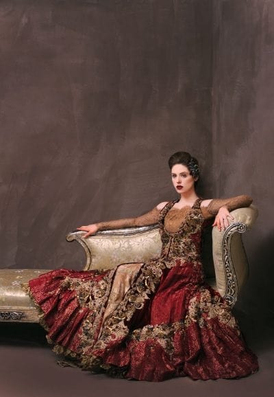 Pakistani Deep Carnelian Red Embroidered Brocade Bridal Gown (1-Pc) - Image 3