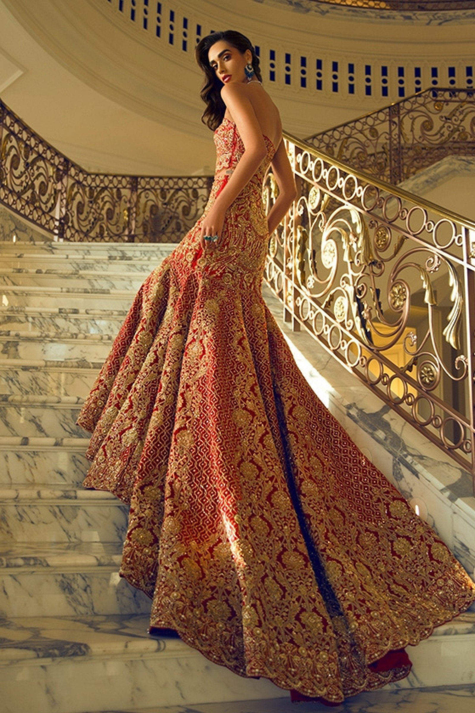 Pakistani Red Gold Zardozi Brocade Bridal Gown (1-Pc) - Image 1