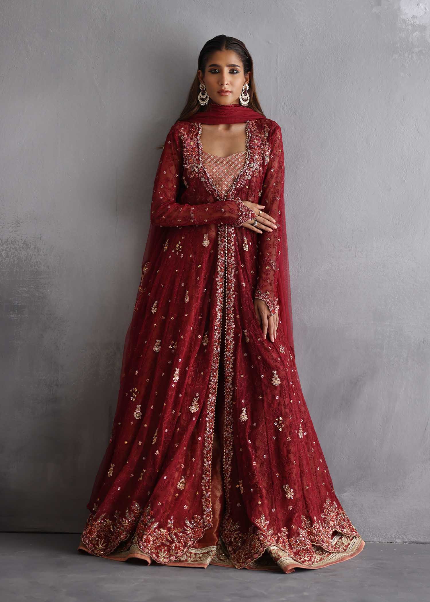 Scarlet Red Zardozi Chantelle Net Gown (3-Piece) - Image 1