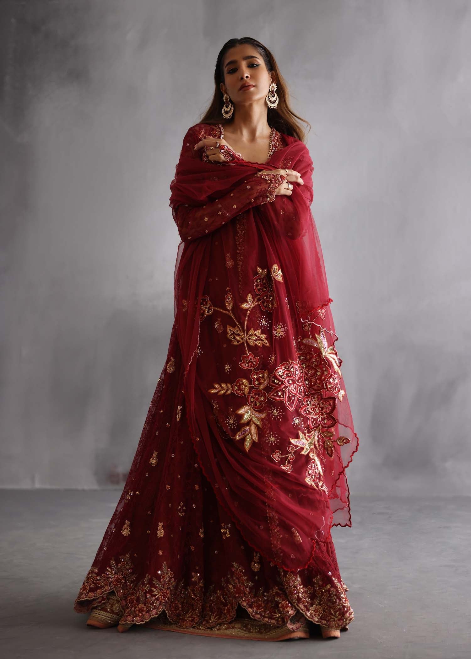 Scarlet Red Zardozi Chantelle Net Gown (3-Piece) - Image 3